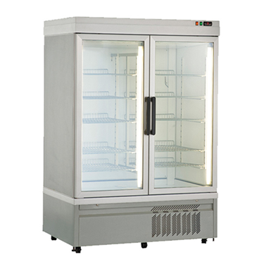 Dual temperature double glass door chiller/freezer with a silver exterior and illuminated interior shelves.