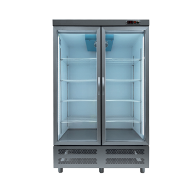 Double glass door chiller with a sleek grey exterior and blue interior lighting, featuring empty shelves.