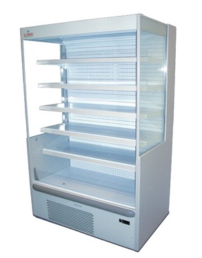 Multideck display wall cabinet in white, featuring multiple shelves and a transparent front.