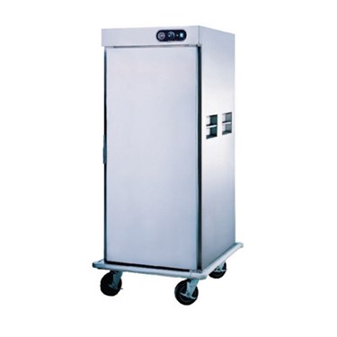 Stainless steel mobile refrigeration unit with a single door and four wheels for easy transport.