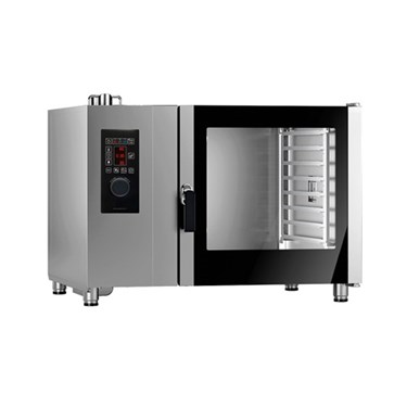 Stainless steel combination oven with a glass door and multiple racks visible inside.