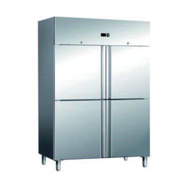 Stainless steel double door upright chiller with a sleek, reflective surface and adjustable legs.