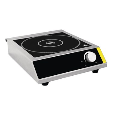 Black and silver electric hot plate with a circular cooking surface and a control knob.
