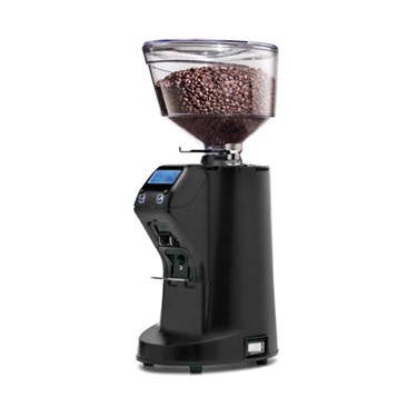 Black coffee grinder with a transparent hopper filled with coffee beans, featuring a digital display.