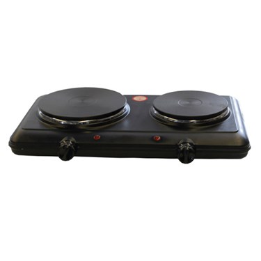 Black double hot plate with two circular burners and control knobs on the front.