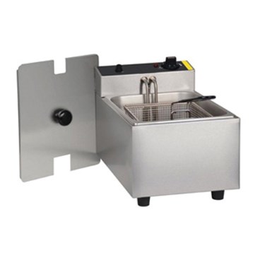 Stainless steel countertop deep fryer with a removable basket and control panel on the side.