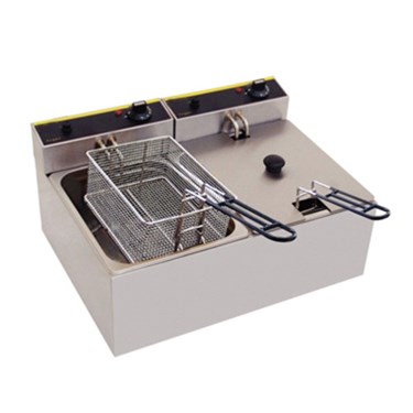 Stainless steel deep fryer with a removable basket and black handles, set on a light surface.