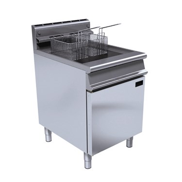 Stainless steel commercial deep fryer with two baskets and a flat cooking surface.