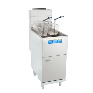 Stainless steel commercial fryer with two baskets and blue control panel, set against a plain background.