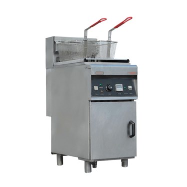 Stainless steel commercial deep fryer with two red-handled baskets and control panel.