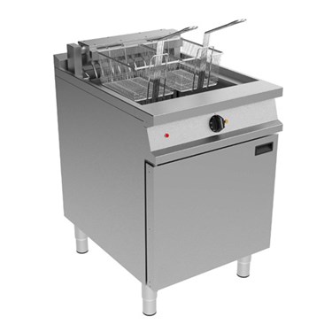 Stainless steel commercial deep fryer with two baskets and a control knob, set on sturdy legs.