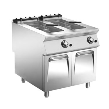 Stainless steel commercial deep fryer with two compartments and control knobs, featuring a polished finish.
