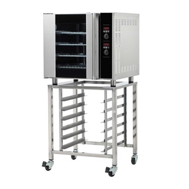 Stainless steel oven on a wheeled stand, featuring multiple shelves and a black control panel.