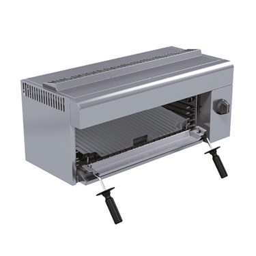 Stainless steel countertop oven with two handles and an open front for easy access.