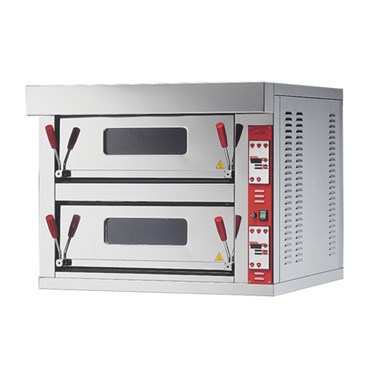 Double-deck stainless steel oven with red and black controls, designed for baking.