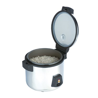 Silver rice cooker with an open lid, revealing cooked rice inside.