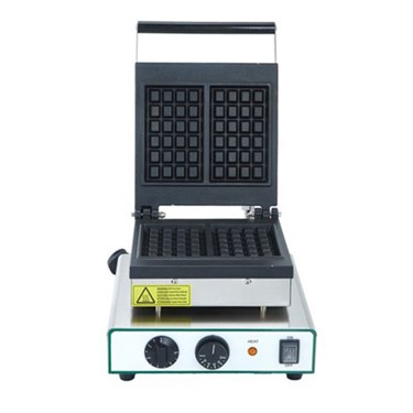 Electric waffle maker with a silver and black finish, featuring a textured cooking surface and control knobs.