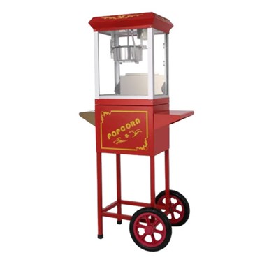 Vintage red popcorn machine with glass enclosure, mounted on a wheeled cart.