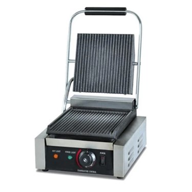 Stainless steel grill with a ribbed cooking surface and a black handle, positioned upright.