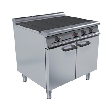 Stainless steel commercial cooking range with a flat top and four control knobs.
