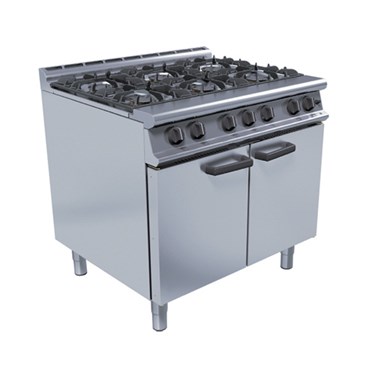Stainless steel commercial gas range with six burners and two storage cabinets below.