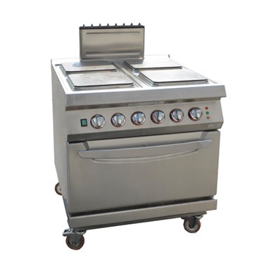 Stainless steel cooking range with multiple burners and a griddle on top, mounted on wheels.