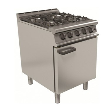 Stainless steel gas cooker with six burners and an oven, positioned on four sturdy legs.