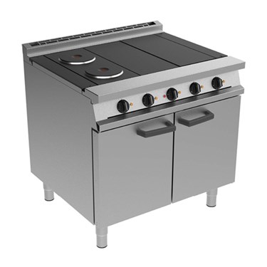 Stainless steel commercial cooking range with two burners and storage cabinets below.