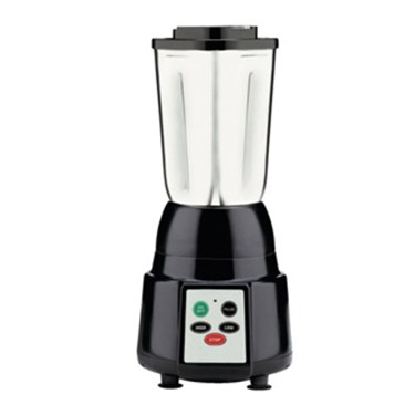 Black blender with a transparent jug and control panel featuring red and green buttons.