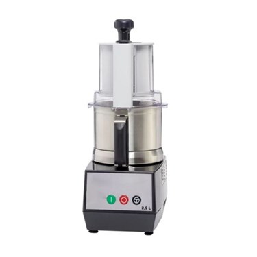 Silver food processor with a black base and control buttons, featuring a clear bowl on top.