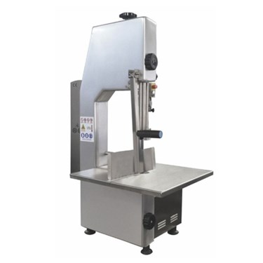 Stainless steel bandsaw with a polished surface and a sturdy worktable for cutting materials.