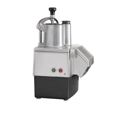 Silver and black food processor with a cylindrical top and control buttons on the front.