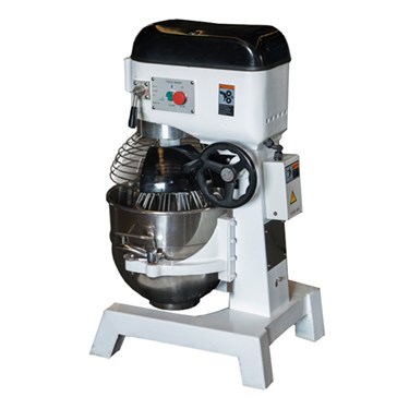 Stand mixer with a black top and stainless steel bowl, set on a white base.