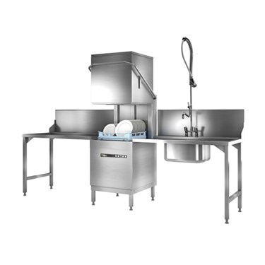 Stainless steel commercial kitchen sink setup with multiple basins and a high faucet.