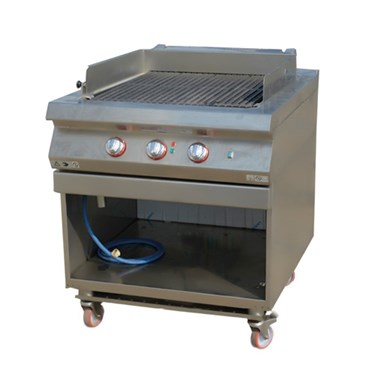 Stainless steel grill with three control knobs and an open storage space below.