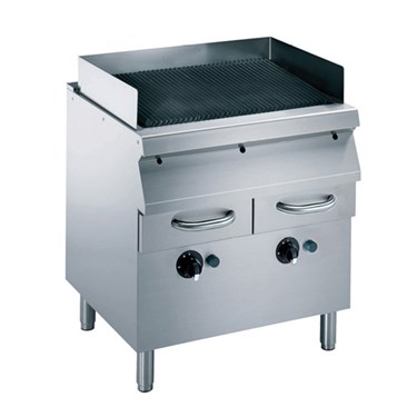 Stainless steel griddle with a smooth black cooking surface and two control knobs at the front.