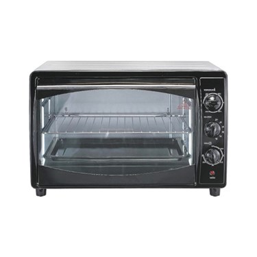 Black countertop oven with a transparent glass door and control knobs on the right side.