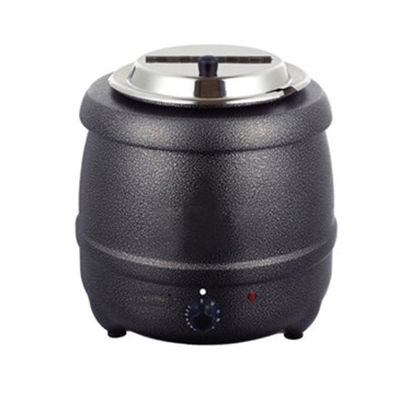 Black soup kettle with a stainless steel lid and temperature control dial at the front.