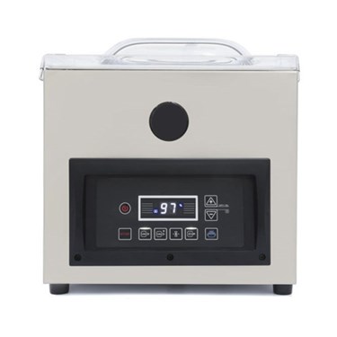 Compact grey device with a digital display, featuring a transparent lid and control panel.