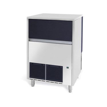 Stainless steel ice maker with a black top and front ventilation grilles, set on metal legs.