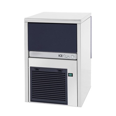Compact white ice maker with a dark front panel and ventilation grill at the base.