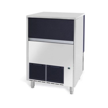 Compact ice maker with a stainless steel finish and dark blue accents, featuring ventilation grilles.