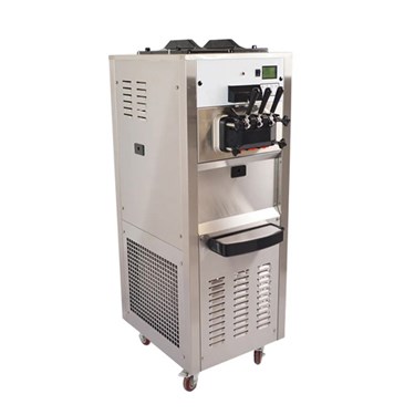 Stainless steel ice cream machine with two dispensers and digital controls, on wheeled base.