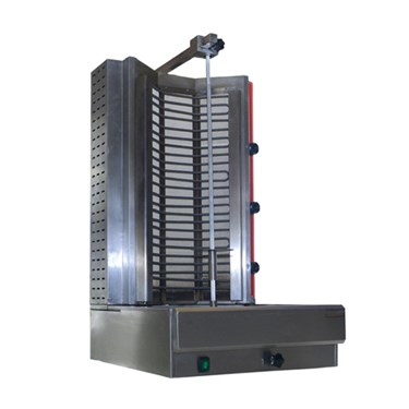 Stainless steel vertical grill with multiple heating elements and a base control panel.