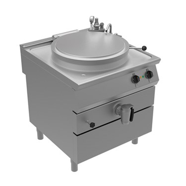 Stainless steel cooking appliance with a round top and control knobs, featuring two storage drawers below.