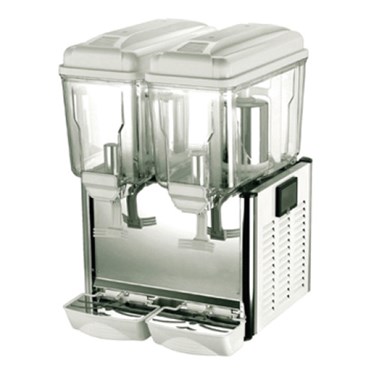 Dual-container beverage dispenser with transparent containers and a stainless steel base.