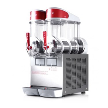 Slush machine with two transparent containers, red accents, and a silver base for serving frozen drinks.
