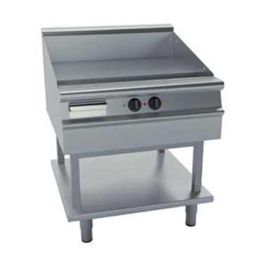 Stainless steel griddle with a smooth cooking surface and two control knobs on the front.