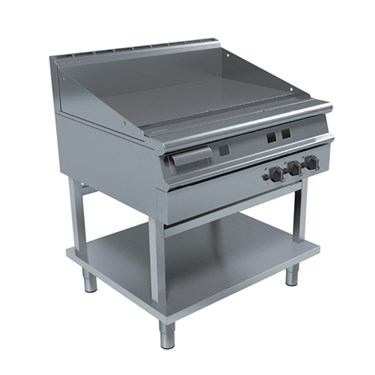 Stainless steel griddle with a flat cooking surface and three control knobs, on a sturdy base.