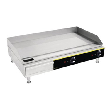 Stainless steel griddle with a smooth surface and black control panel, designed for cooking.